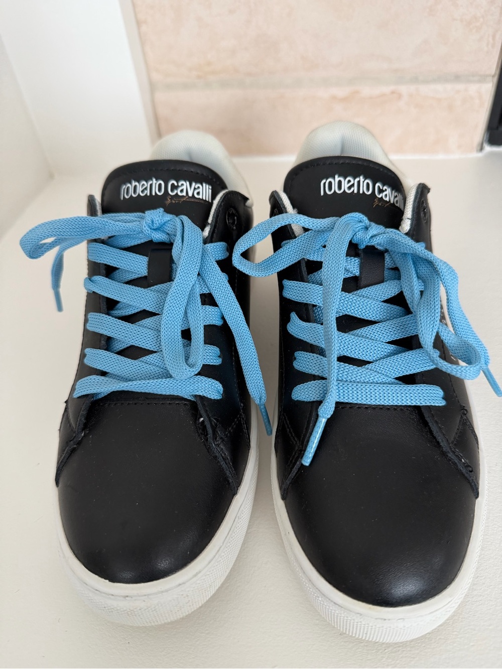 Roberto Cavalli Black Sneakers Tennis Shoes with Sky Blue Laces 8.5